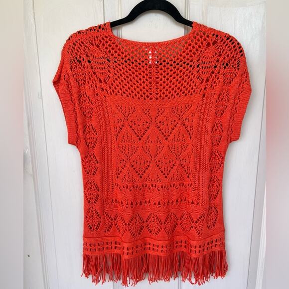 Chico’s Crochet Sweater Orange Top with Fringe | Size 0 (XS) - Picture 3 of 6